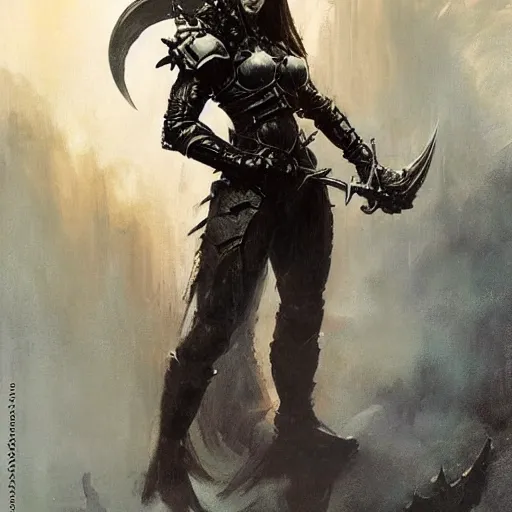 Image similar to A full portrait of a beautiful armored berserker woman, with an oversize Gothic sword, by Frank Frazetta, Greg Rutkowski, Boris Vallejo, epic fantasy art, Exquisite detail, post-processing, masterpiece, cinematic