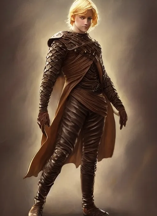 Image similar to an epic fantasy comic book style full body portrait painting of a young blonde boy who is over confident, wearing plain brown leather thief clothes, d & d, fantasy, intricate, elegant, highly detailed, digital painting, artstation, concept art, matte, sharp focus, illustration, art by artgerm and greg rutkowski and alphonse mucha