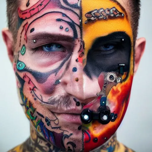 Image similar to portrait photo of man with a face tattoo of a 3 dimensional hole in the skin with multicolored tubes and robotic mechanics inside under the skin, insanely integrate,