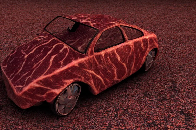 Image similar to car made of meat, sinister meat car, hd render, digital art