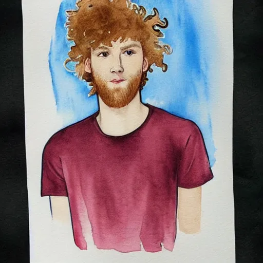 Prompt: abstract watercolor drawing of a young cute handsome beautiful strawberry blond medium very curly thick hair man in his early 2 0 s wearing a blank maroon t - shirt with grey - blue eyes, by elizabeth peyton and alphonse mucha, trending on artstation, artgen, tumblr