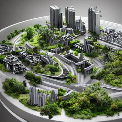 Image similar to architecture model of a futuristic city, lot of vegetation, light inside building, crowded street, table sized, maquette, axonometric, hyperrealism, photography