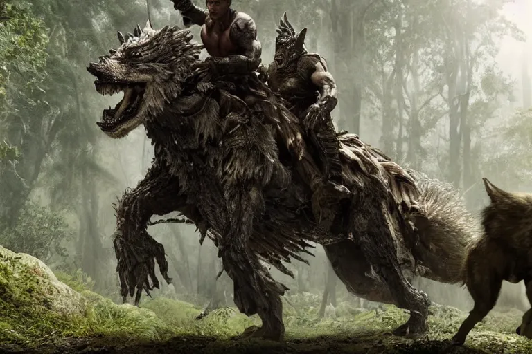 Image similar to vfx movie closeup detailed ancient armored warrior orc hunting riding large wolf in the forest, natural lighting by emmanuel lubezki