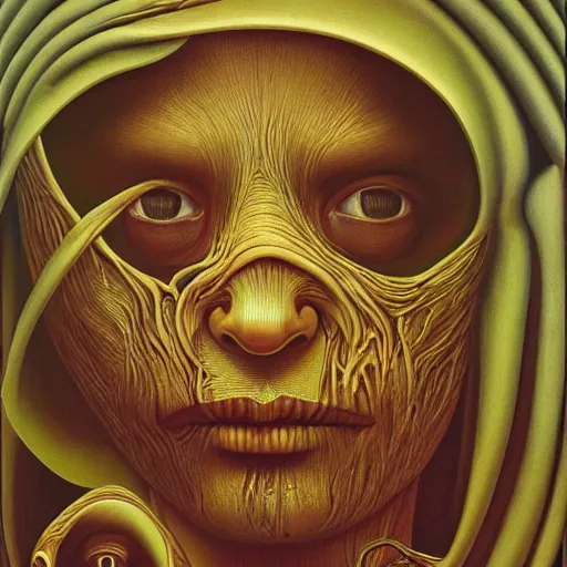 Image similar to monalisa by jacek yerka, alex gray, zdzisław beksiński, dariusz zawadzki, jeffrey smith and h.r. giger, oil on canvas, 8k highly professionally detailed, trending on artstation