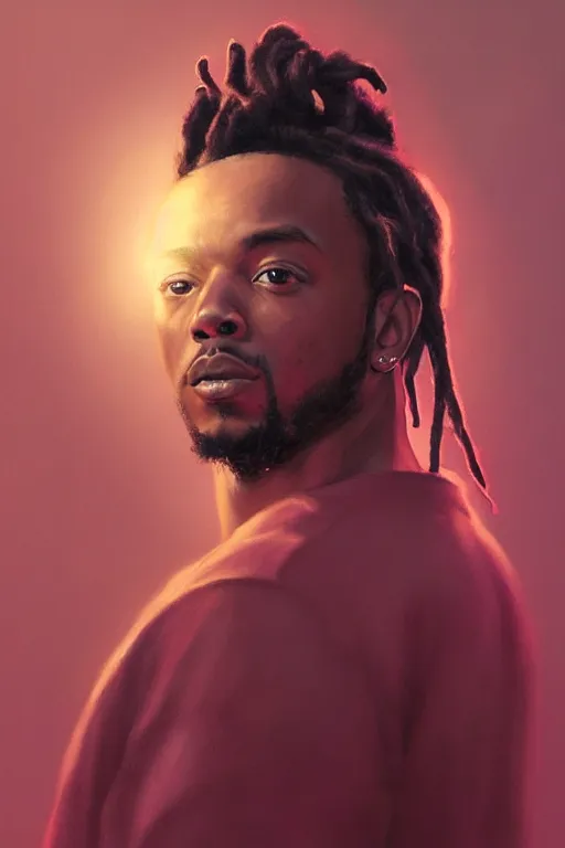 Image similar to portrait of kendrick lamar with dreads, staring directly into camera, intricate, elegant, glowing lights, highly detailed, digital painting, artstation, sharp focus, illustration, art by wlop, mars ravelo and greg rutkowski