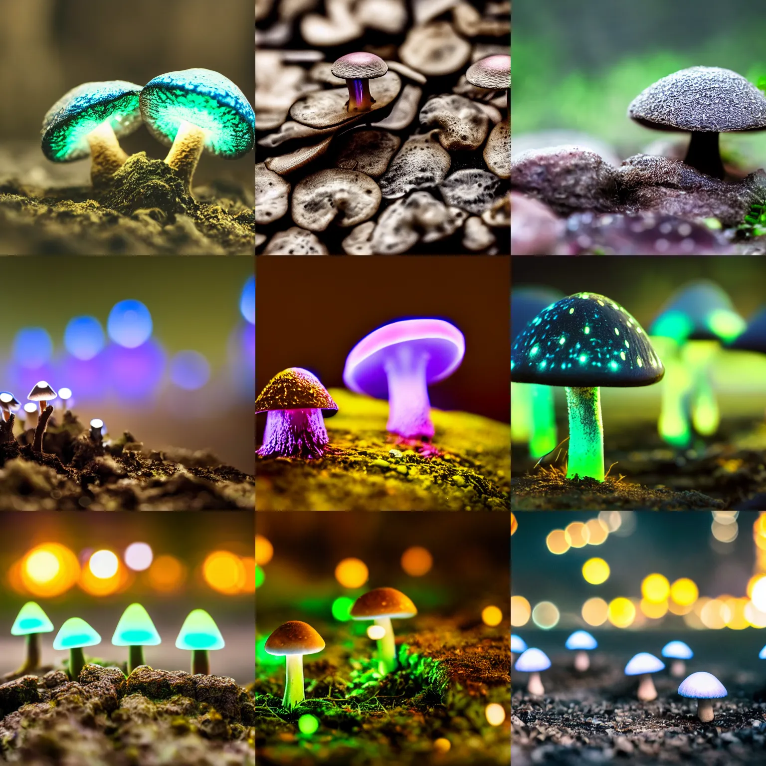 Prompt: a macro shot of bioluminescent mushrooms, dof, 4k, bokeh