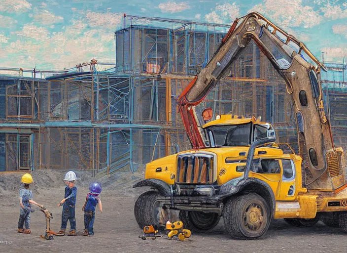 Image similar to a boy and his construction truck friends in a construction site in the style of pixars cars, in the style of jeremy enecio, intricate, miles johnston, monet, cynical realism, john william godward, painterly, yoshitaka amano, miles johnston, louise zhang, pekka halonen, finnish naturalism, realism