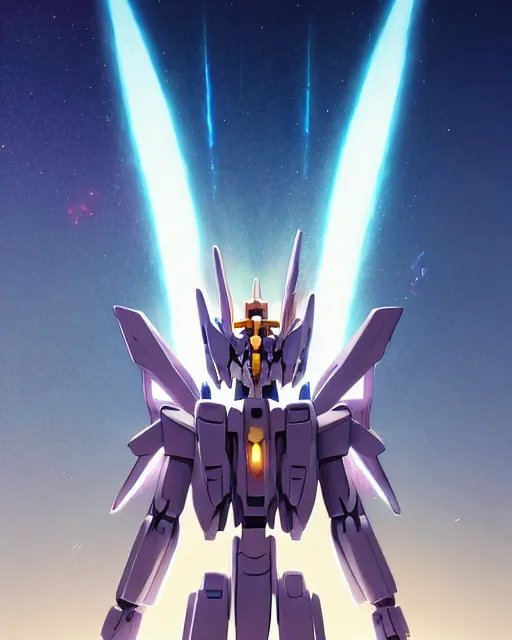 Image similar to highly detailed vfx portrait of an angelic gundam with wings of feathers beam saber fighting in space with a beam gun, unreal engine, greg rutkowski, loish, rhads, beeple, makoto shinkai and lois van baarle, ilya kuvshinov, rossdraws, tom bagshaw, alphonse mucha, global illumination, detailed and intricate environment