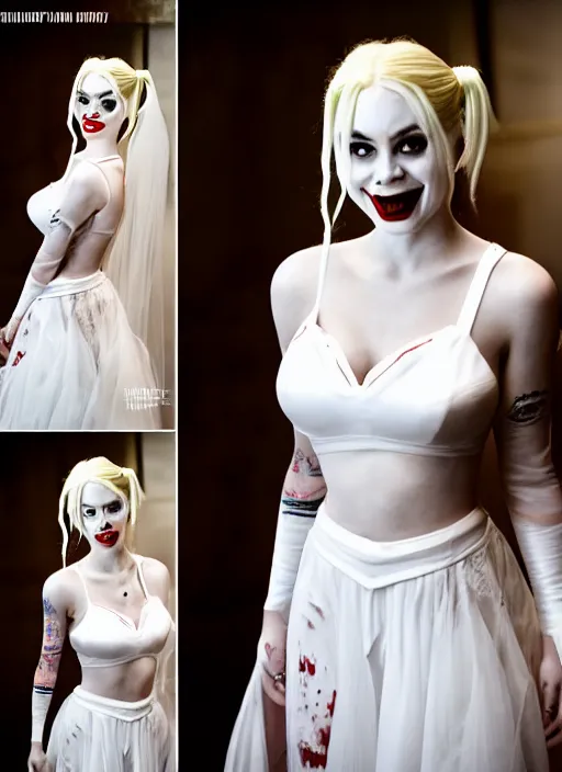 Image similar to funny photo of harley quinn in a white wedding dress, symmetry, awesome exposition, very detailed, highly accurate, intricate, professional lighting diffracted lightrays, 8 k, sense of awe
