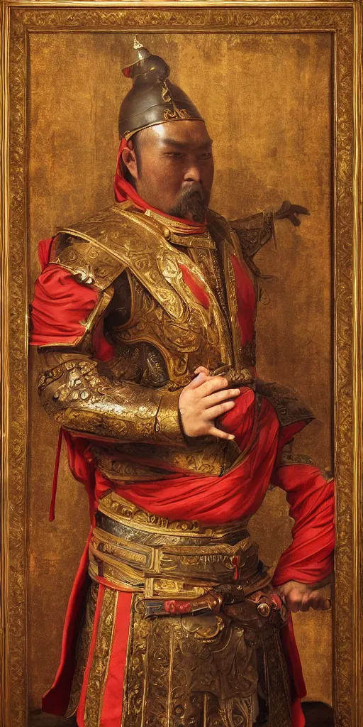 Image similar to Highly detailed and cinematic Renaissance period portrait oil painting Kublai Khan, an oil painting ((masterpiece)) by ((Josep Tapiró Baró)), dynamic lighting, 8K