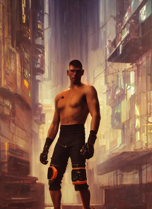 Image similar to cyberpunk olympic kickboxer with robotic arms wearing a jumpsuit ( blade runner 2 0 4 9, cyberpunk 2 0 7 7 character design ). orientalist portrait by john william waterhouse and james gurney and theodore ralli and nasreddine dinet, oil on canvas. cinematic, hyper realism, realistic proportions, dramatic lighting, high detail 4 k