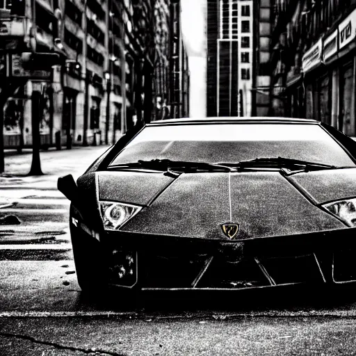 Prompt: black and white press photograph of a rusted abandoned lamborghini on a busy city street, sideview, detailed, natural light, mist, film grain, soft vignette, sigma 5 0 mm f / 1. 4 1 / 1 0 sec shutter, imax 7 0 mm footage