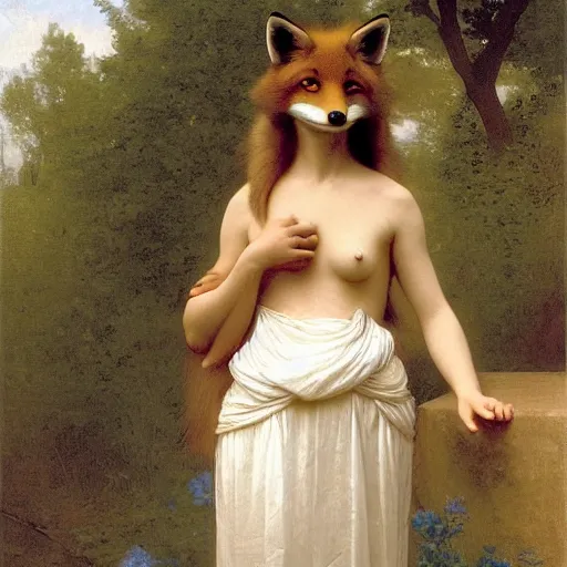 Image similar to An anthropomorphic fox wearing a dress, beautiful golden sunlight, backlit fur, by Robert Cleminson and William-Adolphe Bouguereau