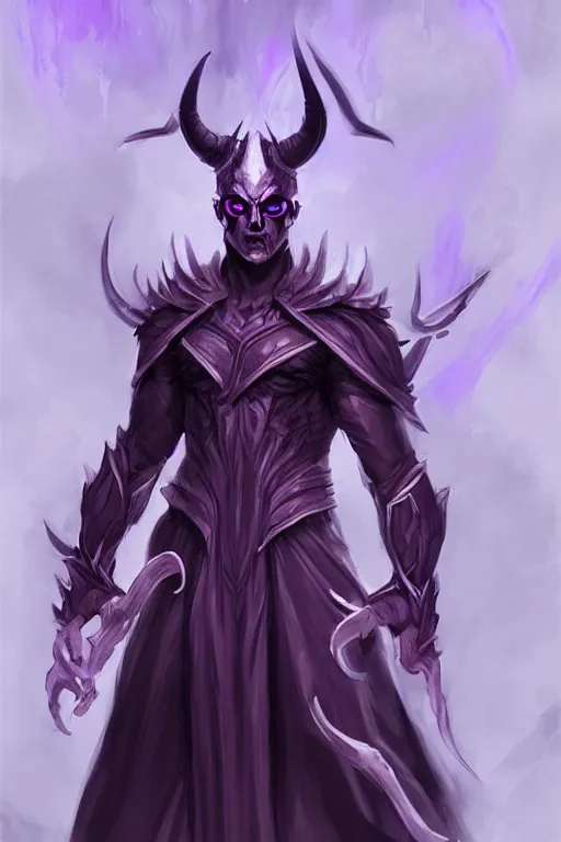 Prompt: man male demon, full body purple cloak, character concept art, costume design, illustration, white horns, trending on artstation, Artgerm , WLOP