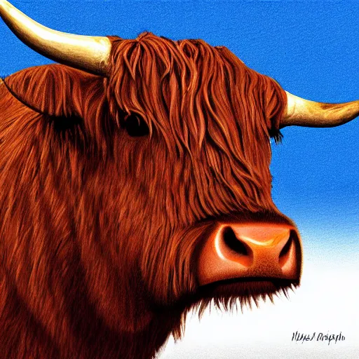 Prompt: highland cow, digital art, art by