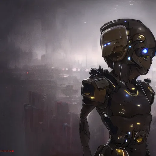 Prompt: a smiling soldier in futuristic gear, she is standing in front of a concrete wall, scifi art, dramatic lighting, illustration by Greg rutkowski, yoji shinkawa, 4k, digital art, concept art, trending on artstation