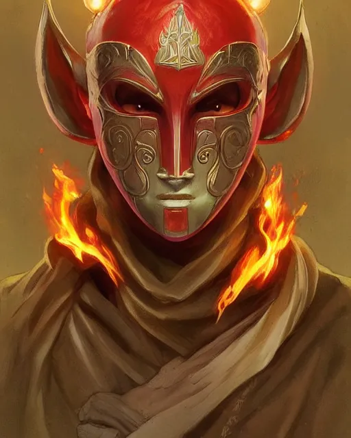 Image similar to happy mask salesman from zelda, full body photo, flames everywhere, highly detailed, digital painting, artstation, concept art, smooth, sharp focus, illustration, art by artgerm and greg rutkowski and alphonse mucha