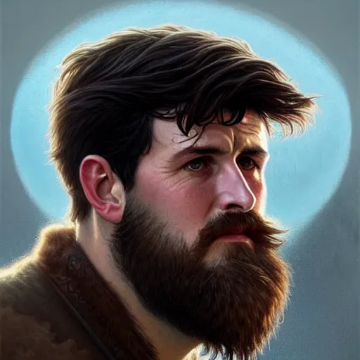 Image similar to Harry Maguire with a majestic beard, closeup, D&D, fantasy, intricate, elegant, highly detailed, digital painting, artstation, concept art, matte, sharp focus, illustration, art by Artgerm and Greg Rutkowski and Alphonse Mucha