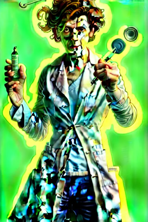 Image similar to doctor who, woman, as a mad dentist, on a plain green background, art by artgerm and greg rutkowski and alphonse mucha