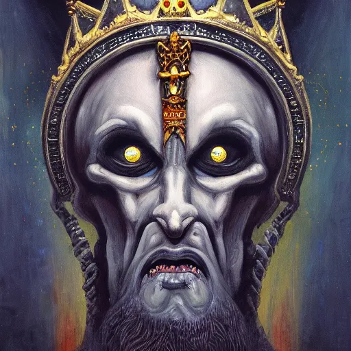 Prompt: a painting of a creepy ominous religious figure with a crown on its head, ultrafine detailed oil painting, portrait, neo - expressionism, concept art, fractalism, cosmic horror, digital art, trending on artstation