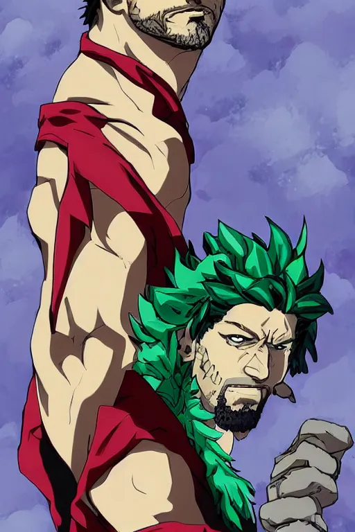 Image similar to Bearded handsome-spartan man Gerard-butler wearing red-cape, bodybuilder posing, portrait, JoJo cover art, JoJo anime style, David Production, style of Vento Aureo cover art, style of Stone Ocean cover art, style of Steel Ball Run cover art, style of JoJolion cover art, Ilya Kuvshinov style, Alexandra Fomina ArtStation, illustrated by Hirohiko Araki