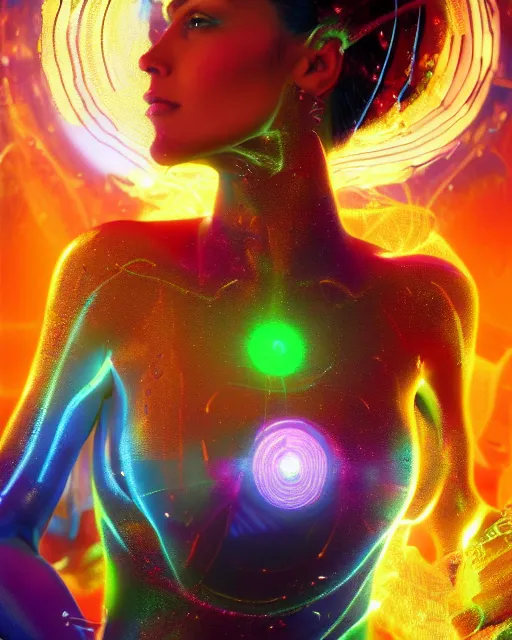 Image similar to a powerful energy psychedelic matrix latin woman, by alexander fedosav, hyper detailed digital matte painting, concept art, hyperrealism, 1 6 k resolution, cinema 4 d, 8 k resolution, trending on artstation, behance hd, a masterpiece, by stephan martiniere, particles, cel - shaded, power bright neon energy, by david a. hardy