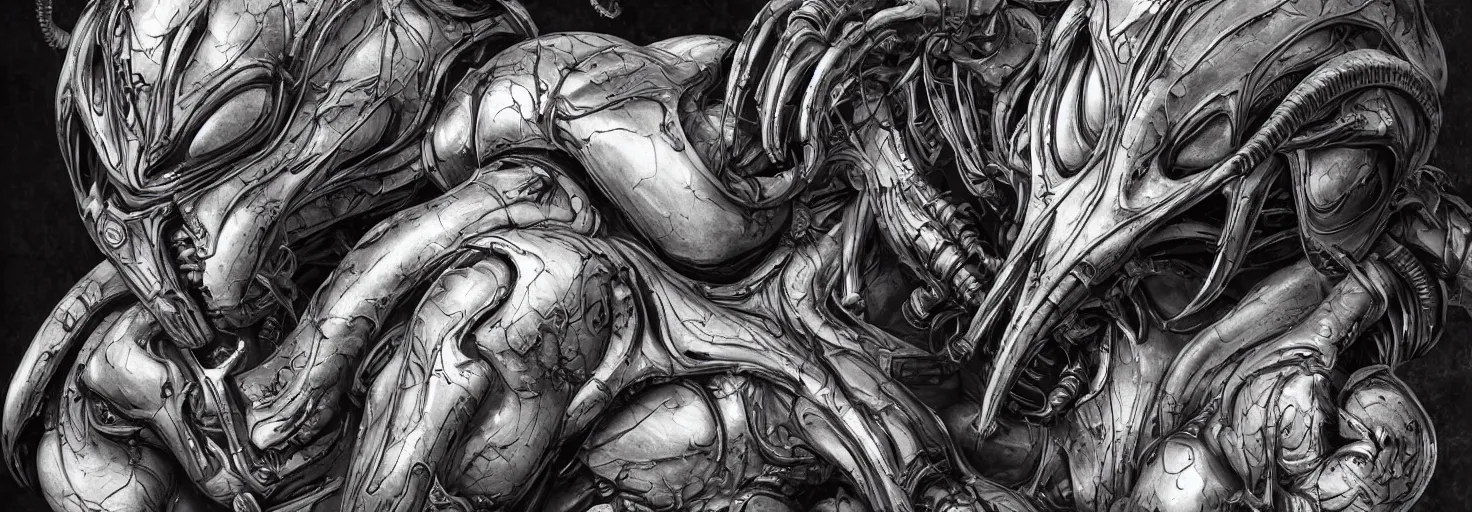 Image similar to engineer prometheus face by Artgerm, xenomorph alien, highly detailed, symmetrical long head, blood color, smooth marble surfaces, detailed ink illustration, raiden metal gear, cinematic smooth stone, deep aesthetic, concept art, post process, 4k, carved marble texture and silk cloth, latex skin, highly ornate intricate details, prometheus, evil, moody lighting, hr geiger, hayao miyazaki, indsutrial Steampunk