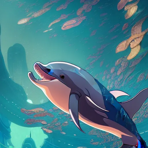 Image similar to a beautiful hyperdetailed character design 4 k wallpaper illustration of a cute dolphin, victo ngai cyberpunk style, from china, style of studio ghibli, makoto shinkai, raphael lacoste, louis comfort tiffany, artgerm, james jean, ross tran, chinese style