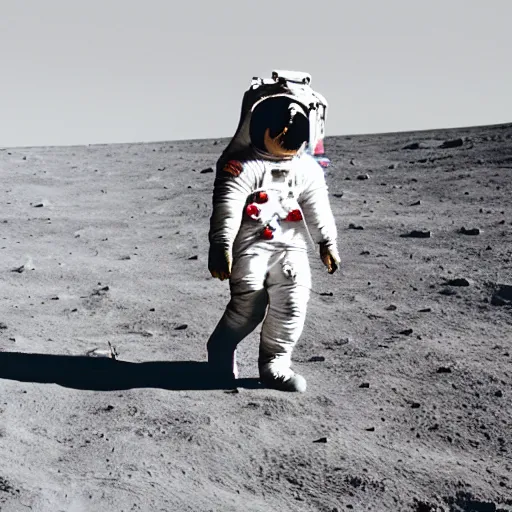 Image similar to a man without his space suit taking his dog for a walk on the moon near the human settlement