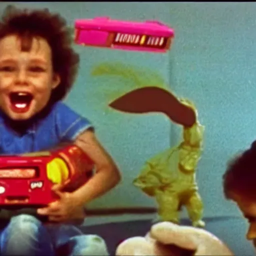 Image similar to vhs footage of an 8 0 s toy commercial where a kid is terrified of a possessed demonic toy