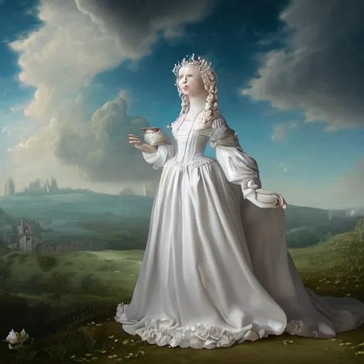 Prompt: a sweet queen with a white large magnificent more and more vaporous ,wrapped ,hight decorated, detailed ,white roses cotton cream dress shooting surrounded by a wonderful renaissance landscape background, octane,3d, surrealism 8k