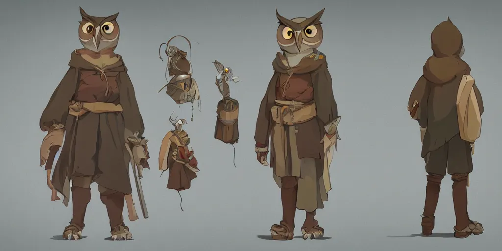 Image similar to character design, concept art, anthropomorphic owl wearing medieval clothes, unreal engine, by studio ghibli,