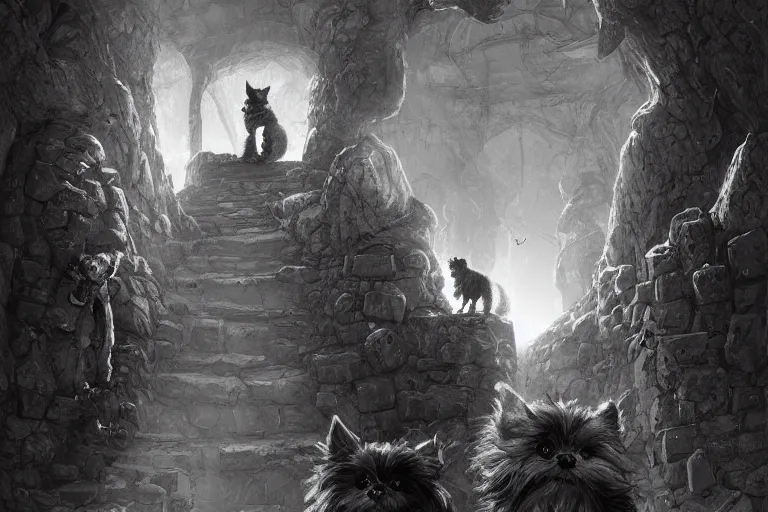 Image similar to black and white one point perspective dungeon cozy fantasy dungeon yorkshire terrier puppies artgerm and Craig Mullins, James Jean, Andrey Ryabovichev, Mark Simonetti and Peter Morbacher 16k