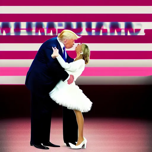 Image similar to Donald trump in a pink tutu, kissing Joe Biden, hyper realistic, 4k, 8k, White House, kissing