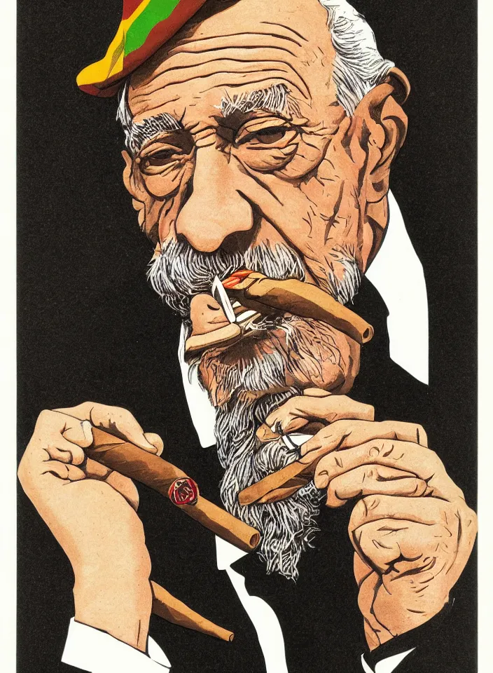 Image similar to graphic design, close portrait of an old man smoking a cigar by milton glaser and lilian roxon, detailed