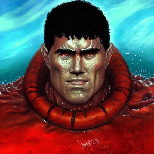 Prompt: portrait of guts from berserk submerged in red water, extremely detailed, made by Justin Fields artstation