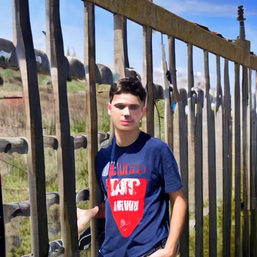 Image similar to Young man standing looking to the right in a red bandana, blue striped shirt, gray vest and a gun with a partly cloudy sky in the background. The young man is standing in front of an iron fence. Photograph. Real life