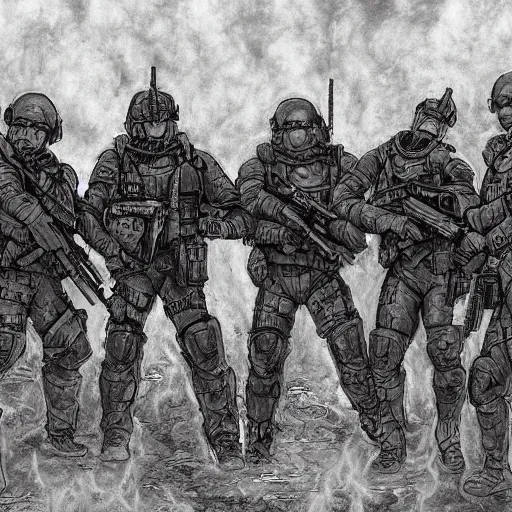 Prompt: tactical team in hell, by wayne barlow
