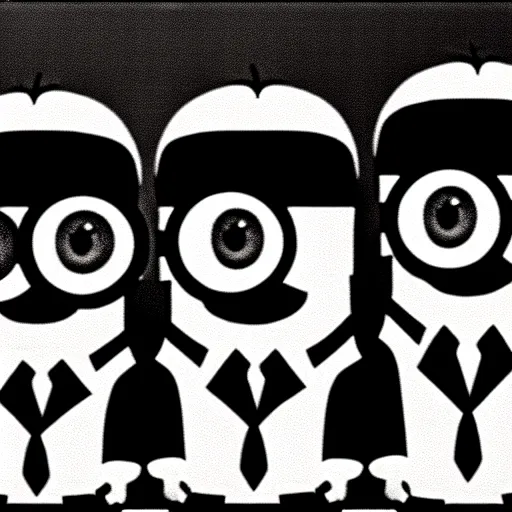 Image similar to The minions minions minions at the Nuremberg trials, monochrome, very low contrast, noise