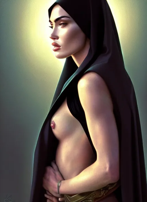 Image similar to portrait of megan fox as a sultry nun, catholic, church, bible, christianism, praying, intrigante, headshot, highly detailed, digital painting, artstation, concept art, sharp focus, cinematic lighting, illustration, art by artgerm and greg rutkowski, alphonse mucha, cgsociety