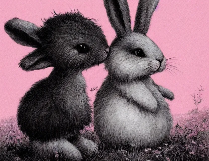 Image similar to old - school dark fantasy art, cute fluffy pink bunny