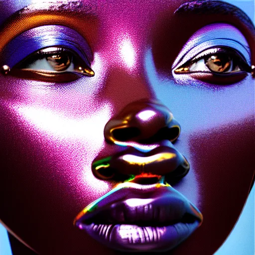 Image similar to portrait of metallic face, african woman, iridescent reflections, smooth, proud looking away, outdoor, blue sky, 8 k, realistic, depth of field, highly detailed, award winning photography, by richard mosse