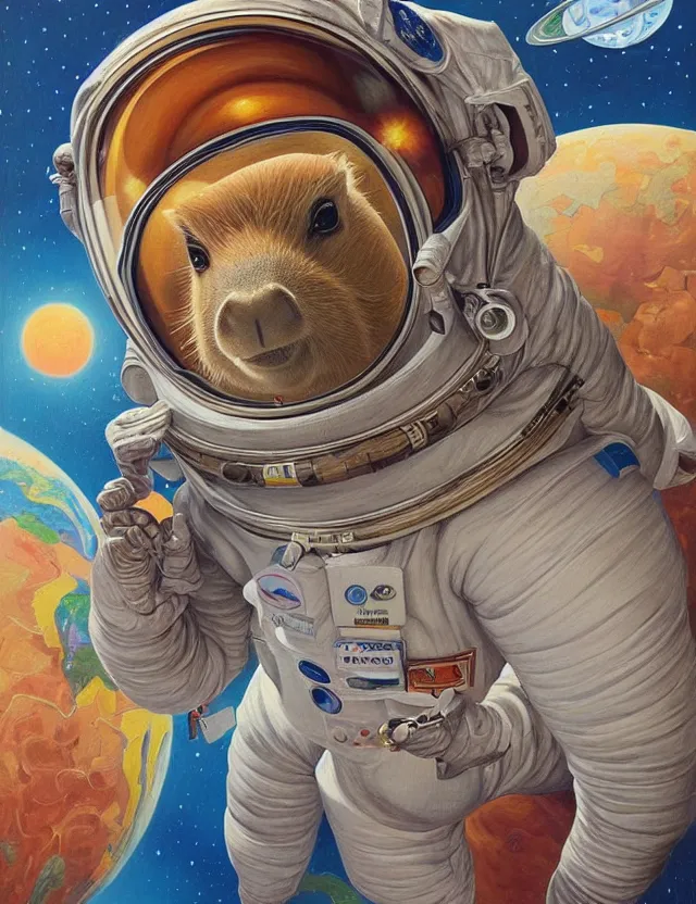 Image similar to beautiful detailed and adorable painting of a capybara astronaut in a spacesuit floating above earth by casey weldon by mark ryden by thomas blackshear, super cute, new contemporary, oil painting