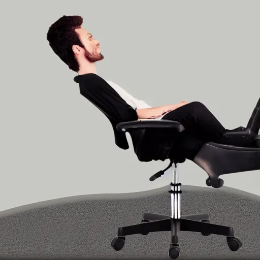 Image similar to person lounging in a computer chair, legs sprawled out left leg on the floor, right leg dangling over the right arm of the chair