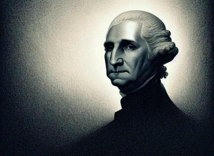 Image similar to illustrated portrait of george washington, mads berg, karolis strautniekas, christopher balaskas, stippled light, low fog, moody, fine texture, editorial illustration, dramatic lighting, dynamic composition, detailed, matte print, muted color, ( ( victo ngai ) ), wide angle