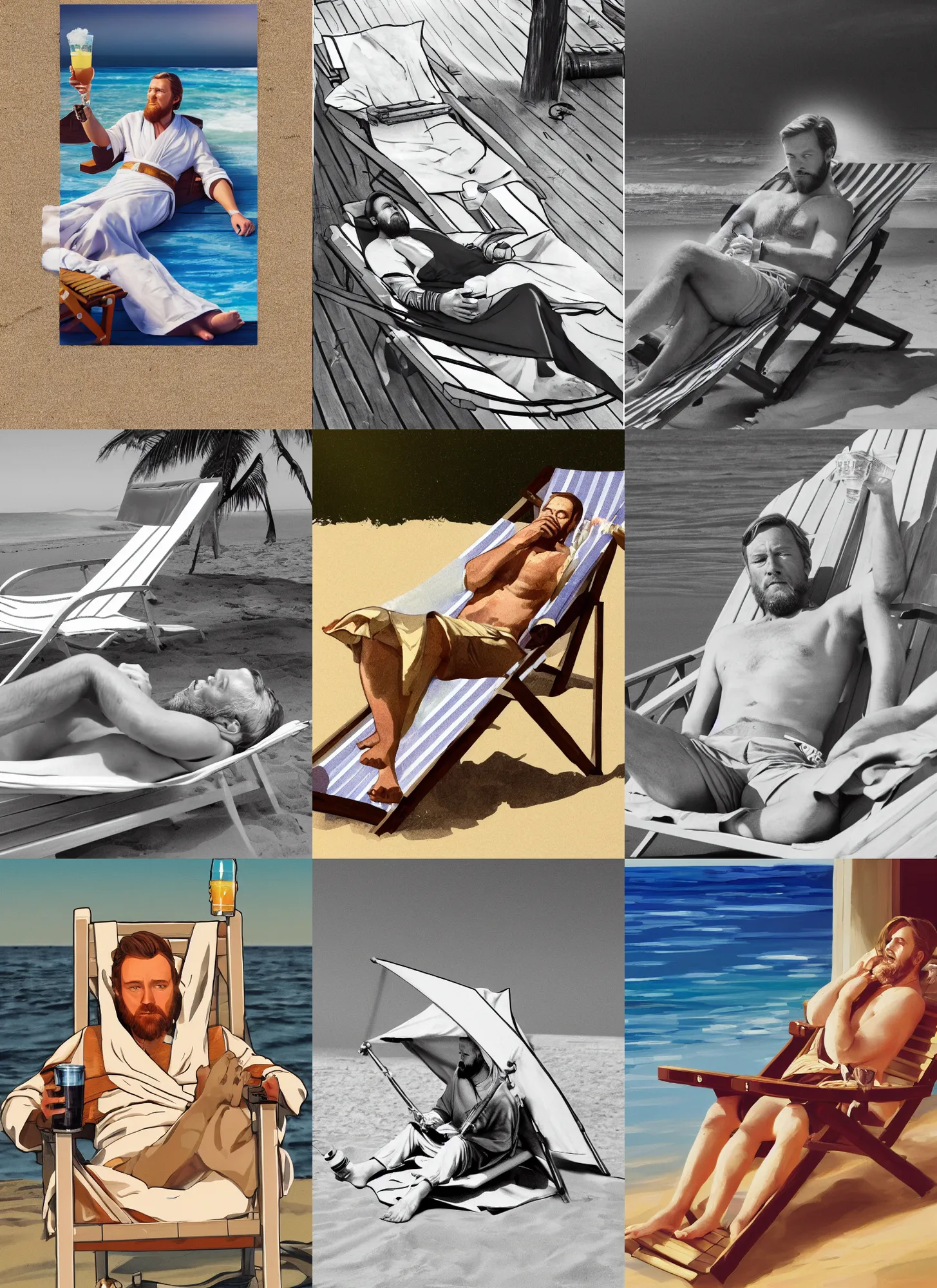 Prompt: a photograhpy of obi wan kenobi lying on a deck chair on the beach and drinking his drink, trending on artstation