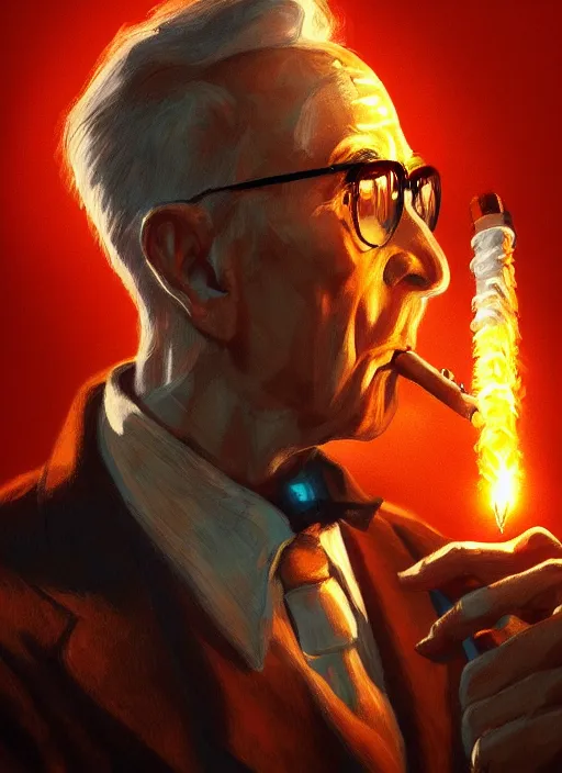 Image similar to a highly detailed illustration of j. r oppenheimer smoking a glowing nuclear cigarette, dramatic pose, intricate, elegant, highly detailed, centered, digital painting, artstation, concept art, smooth, sharp focus, league of legends concept art, wlop.