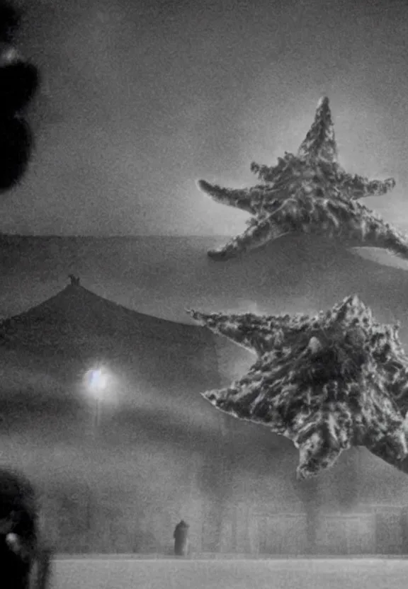 Image similar to a filmstill of a north korean monster movie, kaiju - eiga monster starfish - like trampling a traditional korean palace, foggy, film noir, video compression