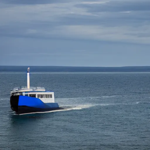 Prompt: a blue white black ferry at the sea outside helsingborg