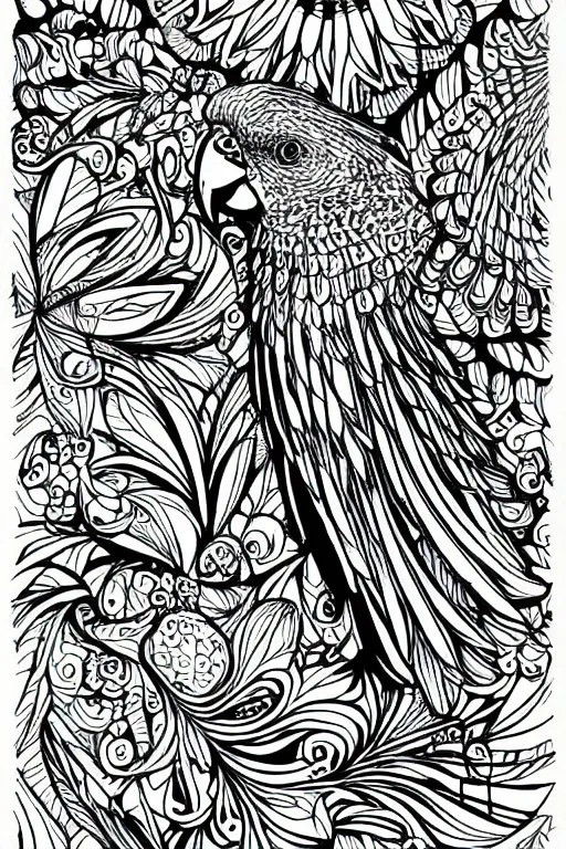 Image similar to parrot, fractal, ink drawing, line art colouring page